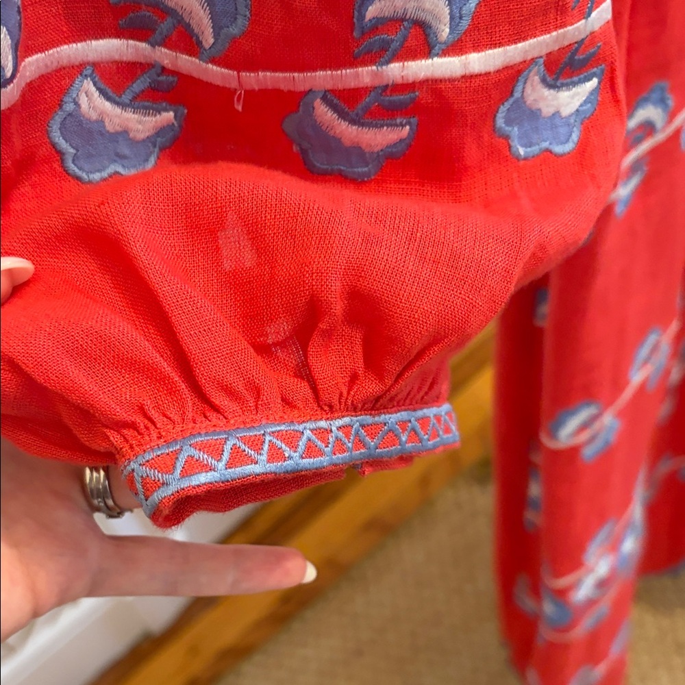 Bohemian Red Embroidered Maxi Dress with Waist Tie - Picture 4 of 5